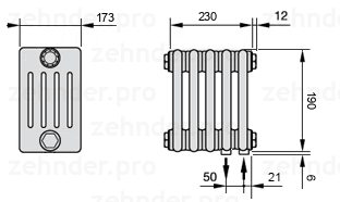 Схема (чертеж) Радиатор Zehnder Charleston 5019/5 №5510 Белый глянцевый RAL 9016